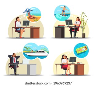 Office workers dream of vacation at sea. Woman at workplace thinking about beach relax, swimming in pool. Man dreaming of surfing, sailing on yacht. Vector character illustration of dreamy employees