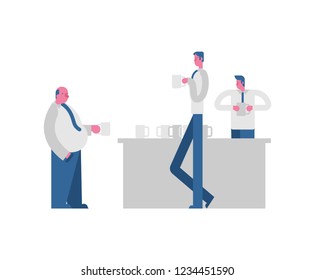 Office workers drink coffee. Lunch break. Clerks are talking. Office routine life