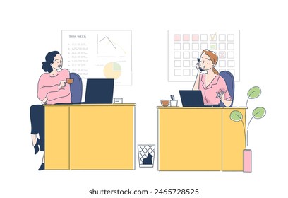 Los trabajadores de oficina beben té o café en el lugar de trabajo. Las mujeres se sientan en los escritorios con computadoras portátiles abiertas al lado del calendario y los gráficos. Trabajadores en descanso. Estilo de arte de línea Ilustración vectorial plana sobre fondo blanco