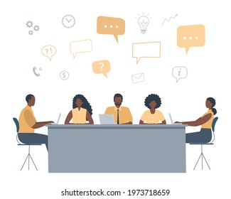 Office workers during the meeting. Business concept with icons. Black people are sitting at the table in the office. Conference hall. Flat style. Vector illustration