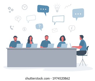 Office workers during the meeting. Business concept with icons. Employees are sitting at the table in the office. Conference hall. Flat style. Vector illustration in blue and gray colors