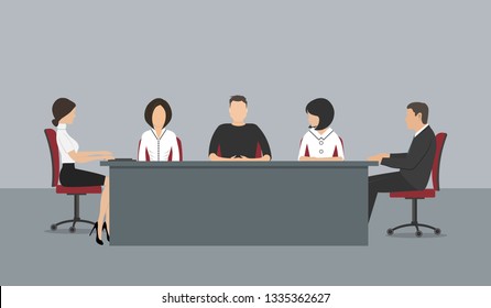 Office workers during a meeting. Employees are sitting at the table in the office. People without a face in the image. Business people icons. Conference hall. Vector