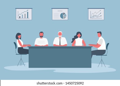 Office Workers During The Meeting. Employees Are Sitting At The Table In The Office. There Are Also Diagrams On The Wall. Conference Hall. Funky Flat Style. Vector Illustration.