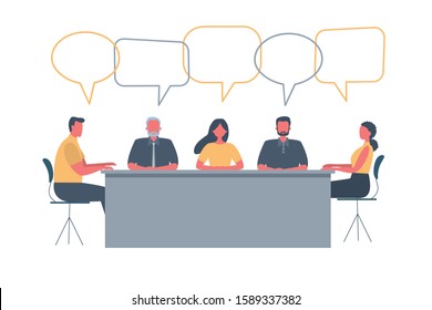 Office workers during the meeting. Employees are sitting at the table in the office. Conference hall. People icons with speech bubbles. Funky flat style. Vector illustration