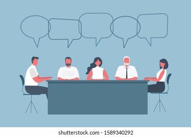 Office workers during the meeting. Employees are sitting at the table in the office. People icons with speech bubbles. Funky flat style. Vector illustration
