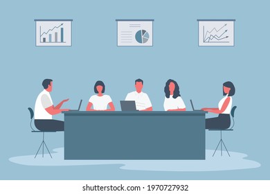 Office workers during the meeting. Employees are sitting at the table in the office. There are also diagrams on the wall. Conference hall. Flat style. Vector illustration