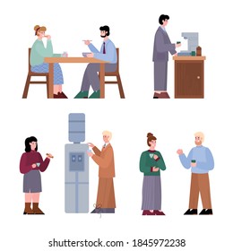 Trabajadores de oficina durante el descanso de trabajo conjunto de personajes de dibujos animados, ilustración vectorial plana aislada en fondo blanco. La gente se comunica y se relaja durante las vacaciones en el lugar de trabajo.