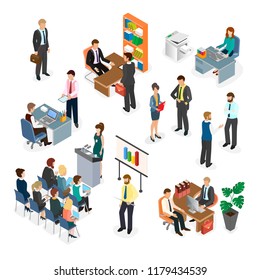 Office workers during the work process. Meeting of employees, business training, coworking space. Isometric 3D vector illustration.