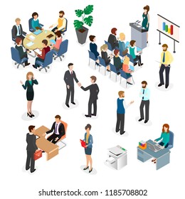 Office workers during the working day. Business meeting of employees, coworking space. Isometric 3D vector illustration.