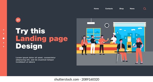 Office workers eating at cafeteria. Employees standing in line, putting food on trays and talking flat vector illustration. Lunch break, communication concept for website design or landing web page