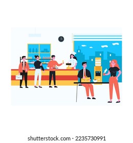 Office workers eating at cafeteria. Employees standing in line, putting food on trays and talking flat vector illustration. Lunch break, communication concept for website design