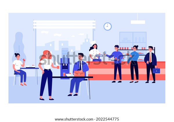 Office workers eating at cafeteria. Employees\
standing in line, putting food on trays and talking flat vector\
illustration. Lunch break, communication concept for website design\
or landing web page