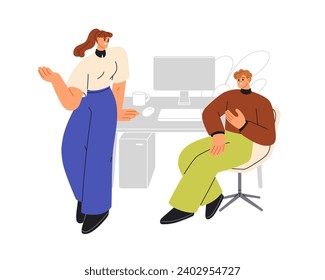 Trabajadores de oficina, amigos de empleados hablando, charlando en el lugar de trabajo. Conversación informal, comunicación en el trabajo. Hombre, mujeres colegas en el descanso. Ilustración vectorial plana aislada en fondo blanco