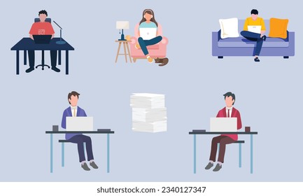 Office workers. Employees Working with Employer, Work from Home Worker Set, Remote Workers Working Together in a Big Project, Big Task to Complete Together. Team Target Working Employees and Employers
