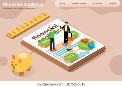 Office workers engaged in financial analytics, isometric illustration. Vector illustration