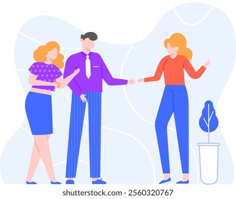 Office workers engaging in handshakes, celebrating successful projects, welcoming new team members, and forming partnerships through collaboration and teamwork in a vibrant corporate setting