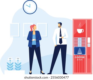 Office workers enjoying a coffee break, standing next to a vending machine, engaging in conversation and creating a positive workplace atmosphere