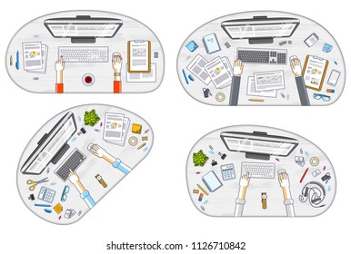 Office workers or entrepreneurs working on a PC computers, top view of workspaces desks with human hands and diverse stationery objects. All elements are easy to use separately. Vector set.