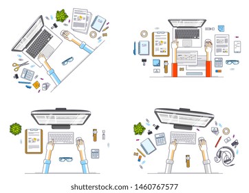 Office workers or entrepreneurs working on a PC computers, top view of workspaces desks with human hands and diverse stationery objects. All elements are easy to use separately. Vector set.