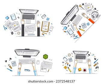 Office workers or entrepreneurs working on a PC computers, top view of workspaces desks with human hands and diverse stationery objects. All elements are easy to use separately. Vector set.