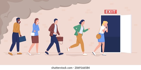 Office workers evacuation from building flat color vector illustration. Building occupants follows escape route. People leaving facility 2D cartoon characters with emergency exit sign on background