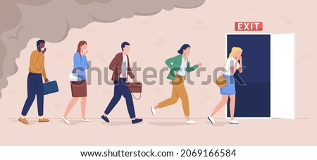 Office workers evacuation from building flat color vector illustration. Building occupants follows escape route. People leaving facility 2D cartoon characters with emergency exit sign on background