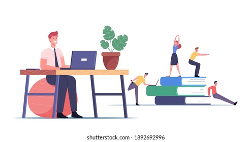 Office Workers Exercising at Workplace Concept. Male and Female Characters Doing Workout at Work Place Squatting and Stretching Body, Arms and Legs, Health Care. Cartoon People Vector Illustration