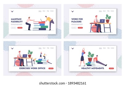 Office Workers Exercising at Workplace Landing Page Template Set. Characters Doing Workout at Work Place Squatting and Stretching Body, Arms and Legs, Health Care. Cartoon People Vector Illustration