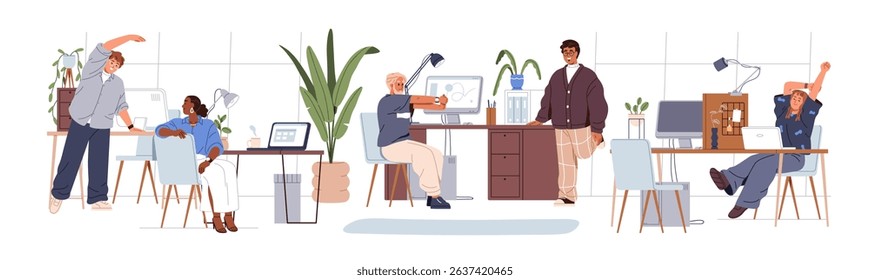 Office workers exercising at workplaces. Employees stretching at work desks, physical relief at computer tables. Business team, workout at break. Flat vector illustration isolated on white background