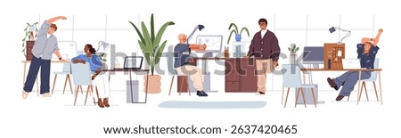 Office workers exercising at workplaces. Employees stretching at work desks, physical relief at computer tables. Business team, workout at break. Flat vector illustration isolated on white background