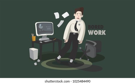 Office workers exhausted from work. Overworked tired employee working. Unhappy action. Boring job. Bored work concept.Vector illustration.