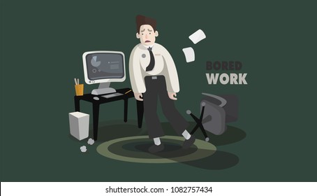 Office workers exhausted from work. Overworked tired employee working. Unhappy action. Boring job. Bored work concept.Vector illustration.