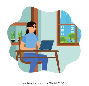 Trabalhadores de escritório se sentem entediados no trabalho. A mulher olha para o outro lado enquanto está sentada em frente ao laptop.