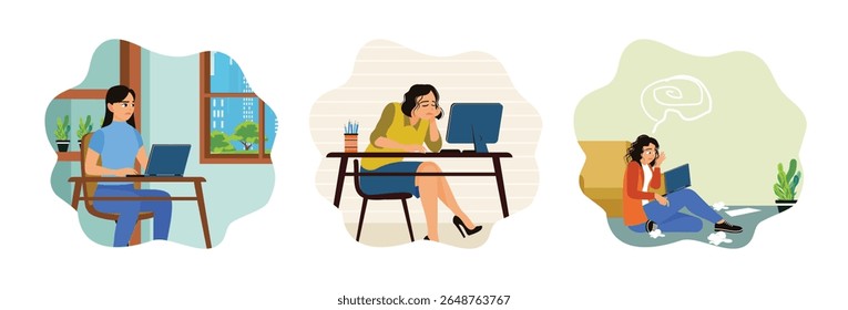 Trabalhadores de escritório se sentem entediados no trabalho. As mulheres estão passando por uma crise de criatividade. As mulheres se sentem estressadas, aborrecidas e frustradas quando trabalham na frente de um computador.