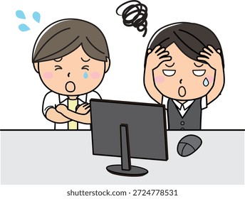 Office Workers Feeling Stressed and Stuck While Working at a Computer Illustration