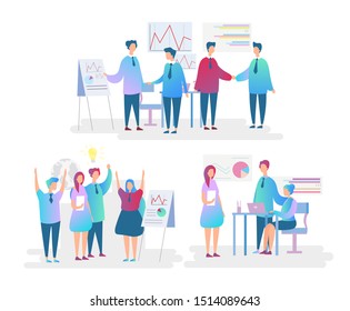 Office workers flat characters set. Employees teamwork and cooperation. Perspective discussion, strategy building, success achievement concept. Company staff isolated vector illustration.
