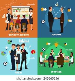 Office workers flat set with business process, success, team, meeting isolated vector illustration.