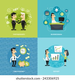 Office workers flat set with partnership businessman time is money report isolated vector illustration