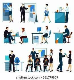 Office workers flat set with workflow presentation discuss teamwork isolated vector illustration.