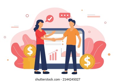 Office workers flat shake hand and talk together. Office workers and finance background flat vector.