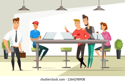 Office workers flat vector color illustration. Businessmen and businesswomen cartoon characters. Open space office. Teamwork. Coworking zone. Guy with briefcase. Workplace, workspace interior