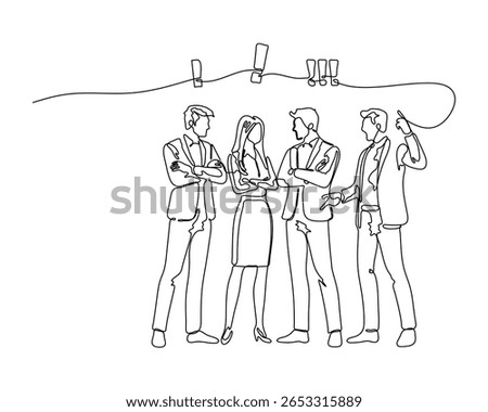 Office workers in group confrontation with exclamation marks above. Business dispute concept in continuous line style.