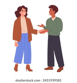 Office workers handshake. Business people greet each other with handshake, male and female colleagues shaking hands flat vector illustration. Business team members handshake