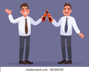 Office workers have a rest and drink a beer. Corporate party. Vector illustration in cartoon style