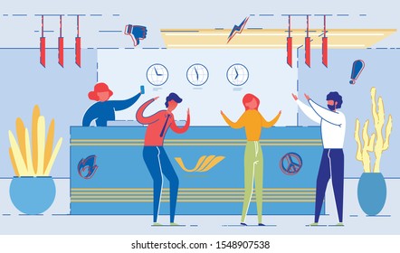 Office Workers Having Argument at Reception Flat Cartoon Vector Illustration. Woman Asking Person for Call. Angry Business people Discussing Problem. Emotional Communication. Clock on Wall.