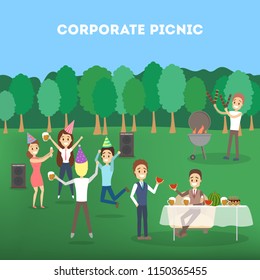 Office workers having fun at the corporate bbq party. People cooking meat, drinking beer and eating watermelon. Barbeque picnic.