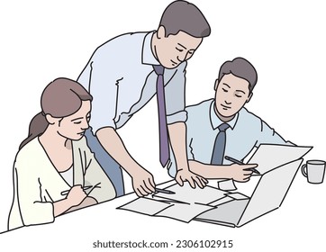 Office workers having a meeting while looking at a laptop
