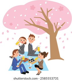 Office workers having a party under a cherry tree, covering it with plastic sheets