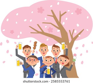 Office workers having a party under the cherry blossom trees