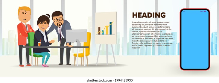 Office workers help a young girl at the computer. Vector banner